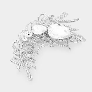 Curved Feather Clear Crystal Teardrop Brooch